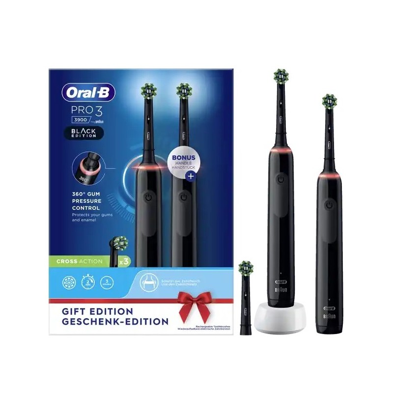 Oral-B Pro 3 3900 DUO 2 szczoteczki +3 końcówki DWUPAK 2x czarna