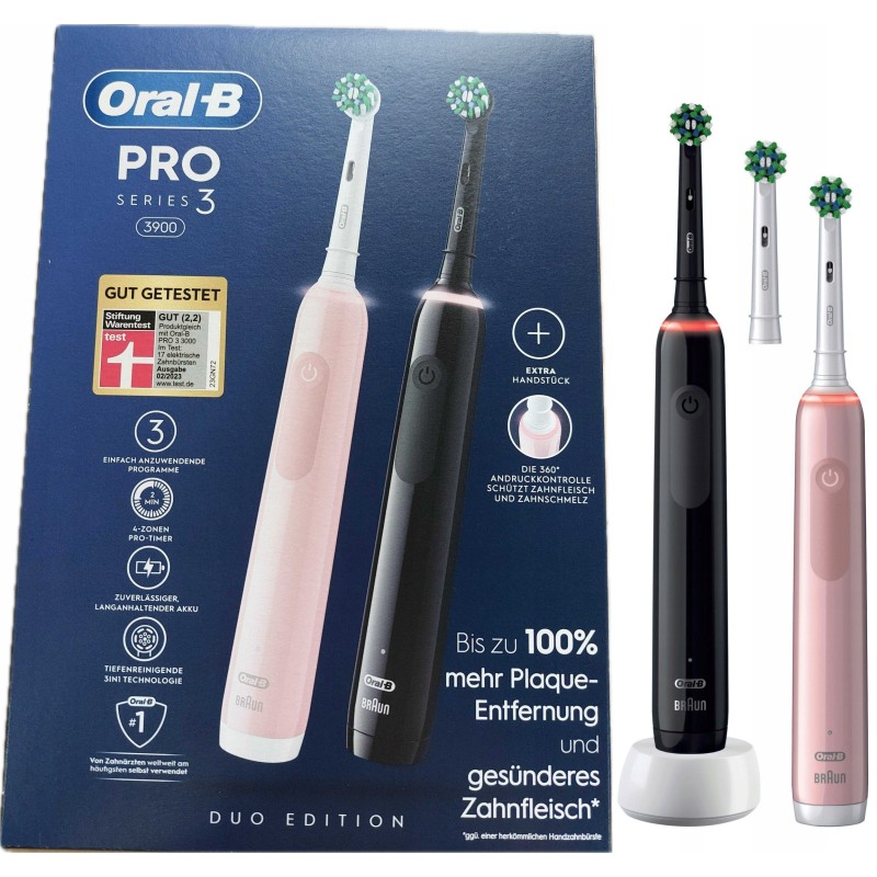 Oral-B Pro 3 3900 DUO 2 szczoteczki +3 końcówki DWUPAK różowa czarna