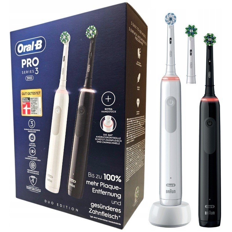 Oral-B Pro 3 3900 DUO 2 szczoteczki +3 końcówki DWUPAK biała czarna