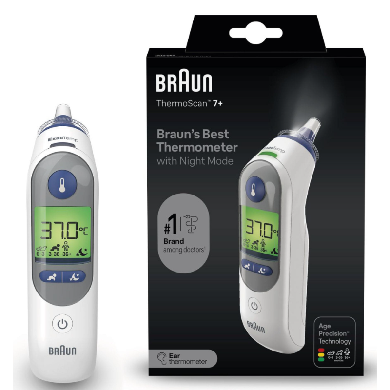 Braun IRT 6525 Thermoscan 7+ Termometr do ucha + 21 kapturków + nakładka ochronna